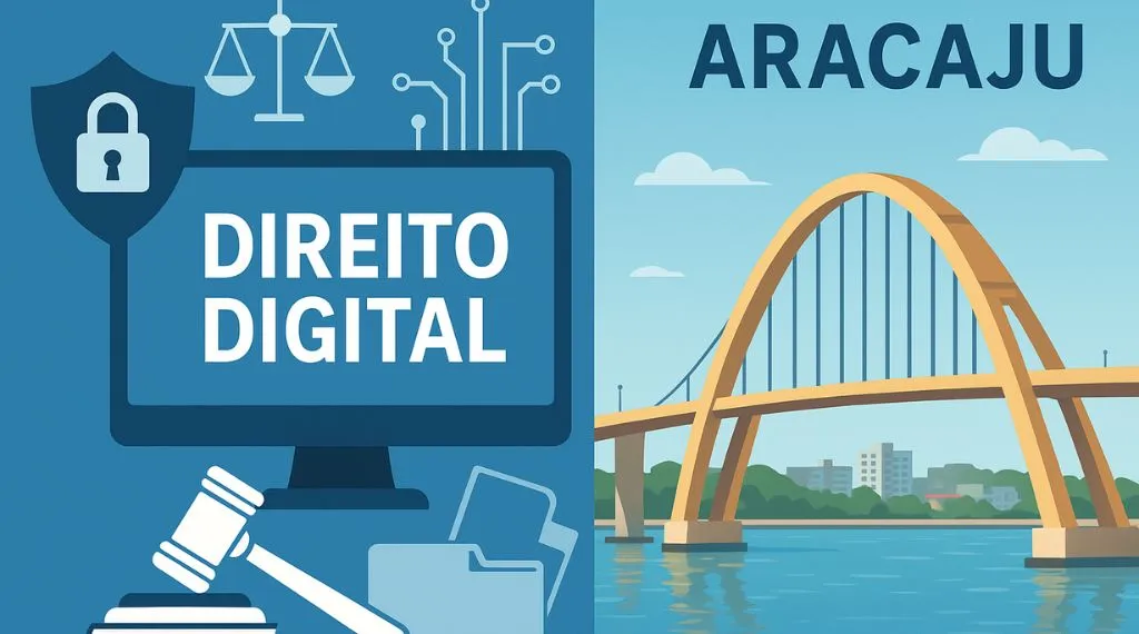 Direito digital em Aracaju, símbolos jurídicos, monitor, ponte cartão-postal