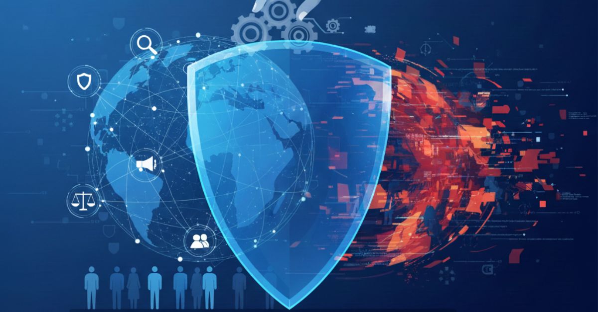 Escudo digital protegendo o globo terrestre contra ameaças cibernéticas, representando segurança, responsabilidade das plataformas digitais e proteção de dados.