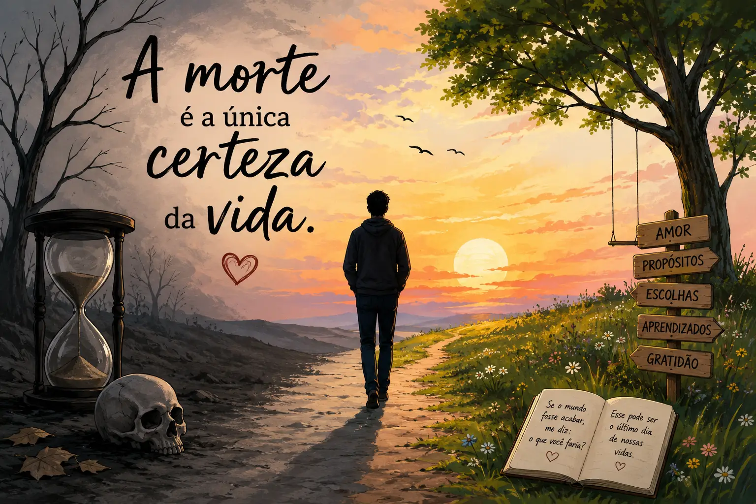 Reflexão sobre a vida e a morte representada por uma pessoa caminhando em direção ao horizonte.